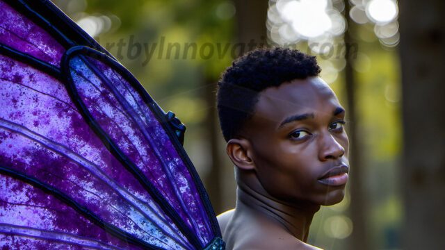 Brought to life through AI, Capturing the Pristine and Elusive Male Fairy. Imagine a realm where handsome shirtless men & boys possess enormous, shimmering crystal wings, vibrant and radiant, capturing and reflecting the light of the environment in a mesmerizing way, and adding a touch of mystery to their intense visage. Outdoors in a fantasy mysterious enchanted realm.