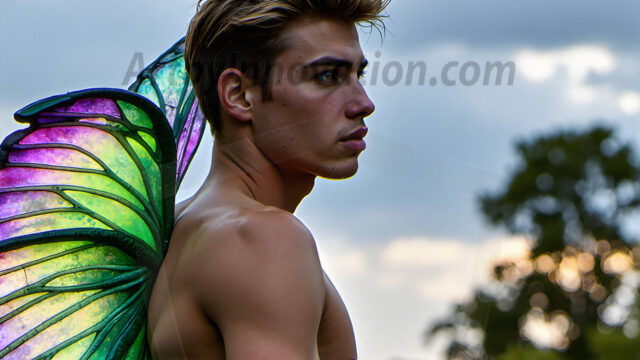 Brought to life through AI, Capturing the Pristine and Elusive Male Fairy. Imagine a realm where handsome shirtless men & boys possess enormous, shimmering crystal wings, vibrant and radiant, capturing and reflecting the light of the environment in a mesmerizing way, and adding a touch of mystery to their intense visage. Outdoors in a fantasy mysterious enchanted realm.