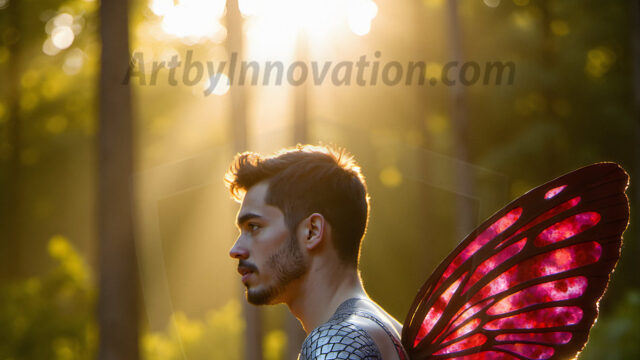 Brought to life through AI, Capturing the Pristine and Elusive Male Fairy. Imagine a realm where handsome shirtless men & boys possess enormous, shimmering crystal wings, vibrant and radiant, capturing and reflecting the light of the environment in a mesmerizing way, and adding a touch of mystery to their intense visage. Outdoors in a fantasy mysterious enchanted realm.