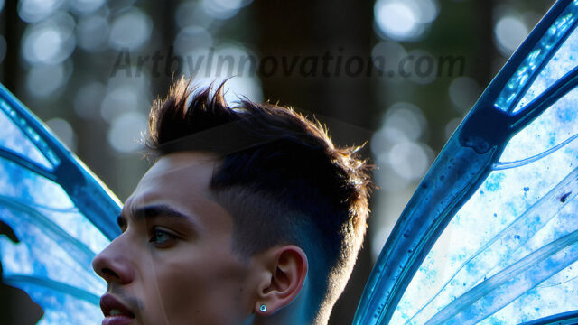 Brought to life through AI, Capturing the Pristine and Elusive Male Fairy. Imagine a realm where handsome shirtless men & boys possess enormous, shimmering crystal wings, vibrant and radiant, capturing and reflecting the light of the environment in a mesmerizing way, and adding a touch of mystery to their intense visage. Outdoors in a fantasy mysterious enchanted realm.