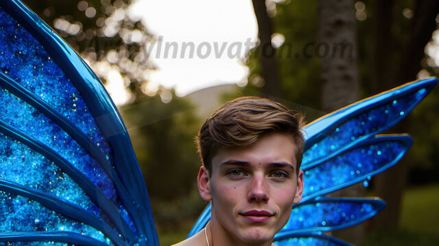 Brought to life through AI, Capturing the Pristine and Elusive Male Fairy. Imagine a realm where handsome shirtless men & boys possess enormous, shimmering crystal wings, vibrant and radiant, capturing and reflecting the light of the environment in a mesmerizing way, and adding a touch of mystery to their intense visage. Outdoors in a fantasy mysterious enchanted realm.