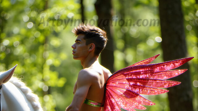 Brought to life through AI, Capturing the Pristine and Elusive Male Fairy. Imagine a realm where handsome shirtless men & boys possess enormous, shimmering crystal wings, vibrant and radiant, capturing and reflecting the light of the environment in a mesmerizing way, and adding a touch of mystery to their intense visage. Outdoors in a fantasy mysterious enchanted realm.