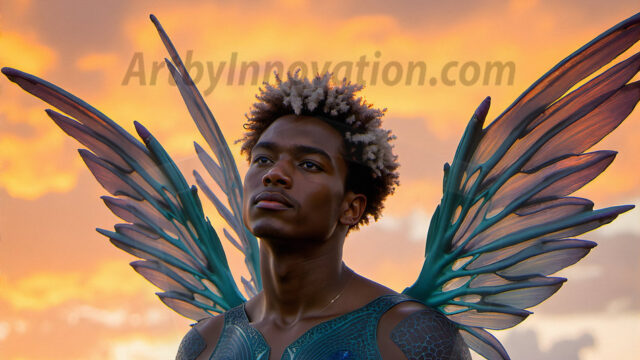 Brought to life through AI, Capturing the Pristine and Elusive Male Fairy. Imagine a realm where handsome shirtless men & boys possess enormous, shimmering crystal wings, vibrant and radiant, capturing and reflecting the light of the environment in a mesmerizing way, and adding a touch of mystery to their intense visage. Outdoors in a fantasy mysterious enchanted realm.