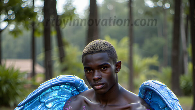 Brought to life through AI, Capturing the Pristine and Elusive Male Fairy. Imagine a realm where handsome shirtless men & boys possess enormous, shimmering crystal wings, vibrant and radiant, capturing and reflecting the light of the environment in a mesmerizing way, and adding a touch of mystery to their intense visage. Outdoors in a fantasy mysterious enchanted realm.