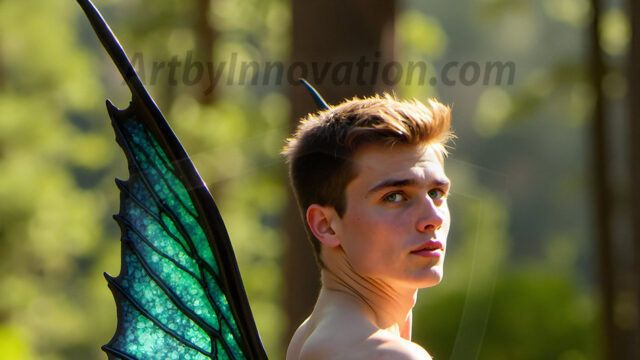 Brought to life through AI, Capturing the Pristine and Elusive Male Fairy. Imagine a realm where handsome shirtless men & boys possess enormous, shimmering crystal wings, vibrant and radiant, capturing and reflecting the light of the environment in a mesmerizing way, and adding a touch of mystery to their intense visage. Outdoors in a fantasy mysterious enchanted realm.