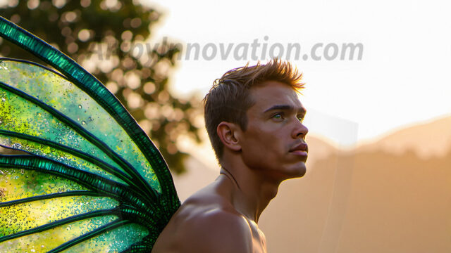 Brought to life through AI, Capturing the Pristine and Elusive Male Fairy. Imagine a realm where handsome shirtless men & boys possess enormous, shimmering crystal wings, vibrant and radiant, capturing and reflecting the light of the environment in a mesmerizing way, and adding a touch of mystery to their intense visage. Outdoors in a fantasy mysterious enchanted realm.