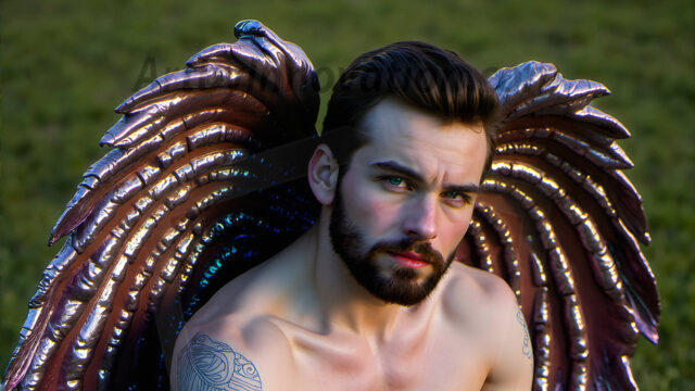 Brought to life through AI, Capturing the Pristine and Elusive Male Fairy. Imagine a realm where handsome shirtless men & boys possess enormous, shimmering crystal wings, vibrant and radiant, capturing and reflecting the light of the environment in a mesmerizing way, and adding a touch of mystery to their intense visage. Outdoors in a fantasy mysterious enchanted realm.
