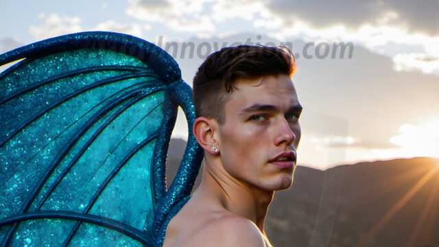 Brought to life through AI, Capturing the Pristine and Elusive Male Fairy. Imagine a realm where handsome shirtless men & boys possess enormous, shimmering crystal wings, vibrant and radiant, capturing and reflecting the light of the environment in a mesmerizing way, and adding a touch of mystery to their intense visage. Outdoors in a fantasy mysterious enchanted realm.