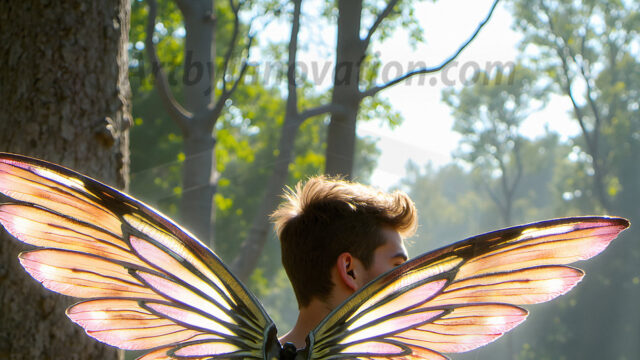 Brought to life through AI, Capturing the Pristine and Elusive Male Fairy. Imagine a realm where handsome shirtless men & boys possess enormous, shimmering crystal wings, vibrant and radiant, capturing and reflecting the light of the environment in a mesmerizing way, and adding a touch of mystery to their intense visage. Outdoors in a fantasy mysterious enchanted realm.