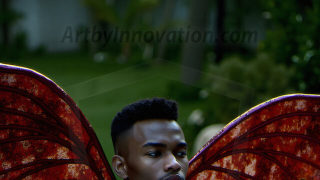 Brought to life through AI, Capturing the Pristine and Elusive Male Fairy. Imagine a realm where handsome shirtless men & boys possess enormous, shimmering crystal wings, vibrant and radiant, capturing and reflecting the light of the environment in a mesmerizing way, and adding a touch of mystery to their intense visage. Outdoors in a fantasy mysterious enchanted realm.