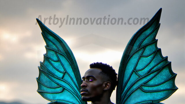 Brought to life through AI, Capturing the Pristine and Elusive Male Fairy. Imagine a realm where handsome shirtless men & boys possess enormous, shimmering crystal wings, vibrant and radiant, capturing and reflecting the light of the environment in a mesmerizing way, and adding a touch of mystery to their intense visage. Outdoors in a fantasy mysterious enchanted realm.