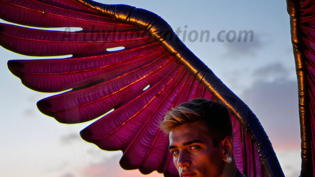 Brought to life through AI, Capturing the Pristine and Elusive Male Fairy. Imagine a realm where handsome shirtless men & boys possess enormous, shimmering crystal wings, vibrant and radiant, capturing and reflecting the light of the environment in a mesmerizing way, and adding a touch of mystery to their intense visage. Outdoors in a fantasy mysterious enchanted realm.