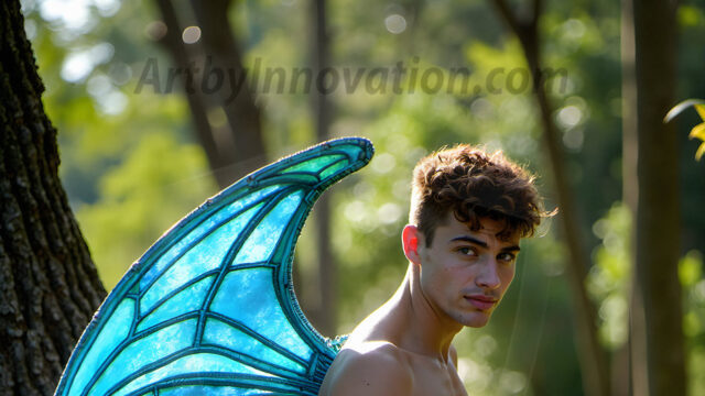 Brought to life through AI, Capturing the Pristine and Elusive Male Fairy. Imagine a realm where handsome shirtless men & boys possess enormous, shimmering crystal wings, vibrant and radiant, capturing and reflecting the light of the environment in a mesmerizing way, and adding a touch of mystery to their intense visage. Outdoors in a fantasy mysterious enchanted realm.