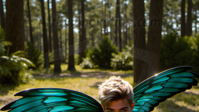 Brought to life through AI, Capturing the Pristine and Elusive Male Fairy. Imagine a realm where handsome shirtless men & boys possess enormous, shimmering crystal wings, vibrant and radiant, capturing and reflecting the light of the environment in a mesmerizing way, and adding a touch of mystery to their intense visage. Outdoors in a fantasy mysterious enchanted realm.