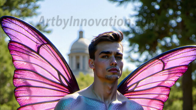 Brought to life through AI, Capturing the Pristine and Elusive Male Fairy. Imagine a realm where handsome shirtless men & boys possess enormous, shimmering crystal wings, vibrant and radiant, capturing and reflecting the light of the environment in a mesmerizing way, and adding a touch of mystery to their intense visage. Outdoors in a fantasy mysterious enchanted realm.
