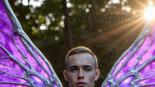 Brought to life through AI, Capturing the Pristine and Elusive Male Fairy. Imagine a realm where handsome shirtless men & boys possess enormous, shimmering crystal wings, vibrant and radiant, capturing and reflecting the light of the environment in a mesmerizing way, and adding a touch of mystery to their intense visage. Outdoors in a fantasy mysterious enchanted realm.