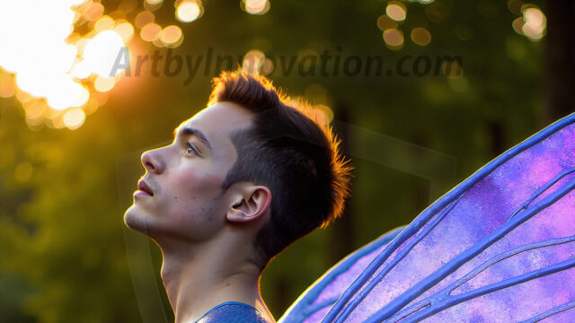 Brought to life through AI, Capturing the Pristine and Elusive Male Fairy. Imagine a realm where handsome shirtless men & boys possess enormous, shimmering crystal wings, vibrant and radiant, capturing and reflecting the light of the environment in a mesmerizing way, and adding a touch of mystery to their intense visage. Outdoors in a fantasy mysterious enchanted realm.