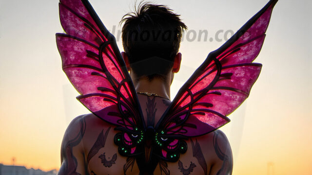 Brought to life through AI, Capturing the Pristine and Elusive Male Fairy. Imagine a realm where handsome shirtless men & boys possess enormous, shimmering crystal wings, vibrant and radiant, capturing and reflecting the light of the environment in a mesmerizing way, and adding a touch of mystery to their intense visage. Outdoors in a fantasy mysterious enchanted realm.