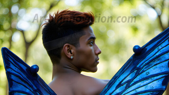 Brought to life through AI, Capturing the Pristine and Elusive Male Fairy. Imagine a realm where handsome shirtless men & boys possess enormous, shimmering crystal wings, vibrant and radiant, capturing and reflecting the light of the environment in a mesmerizing way, and adding a touch of mystery to their intense visage. Outdoors in a fantasy mysterious enchanted realm.