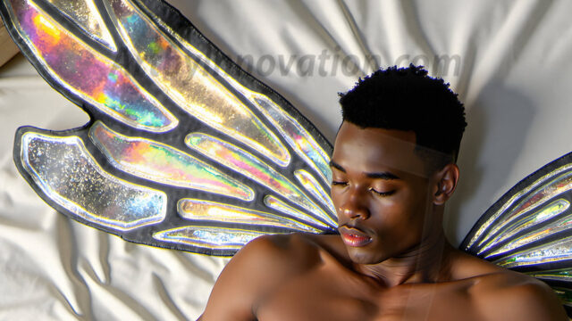 Brought to life through AI, Capturing the Pristine and Elusive Male Fairy. Imagine a realm where handsome shirtless men & boys possess enormous, shimmering crystal wings, vibrant and radiant, capturing and reflecting the light of the environment in a mesmerizing way, and adding a touch of mystery to their intense visage. Outdoors in a fantasy mysterious enchanted realm.