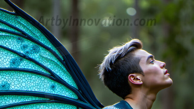 Brought to life through AI, Capturing the Pristine and Elusive Male Fairy. Imagine a realm where handsome shirtless men & boys possess enormous, shimmering crystal wings, vibrant and radiant, capturing and reflecting the light of the environment in a mesmerizing way, and adding a touch of mystery to their intense visage. Outdoors in a fantasy mysterious enchanted realm.