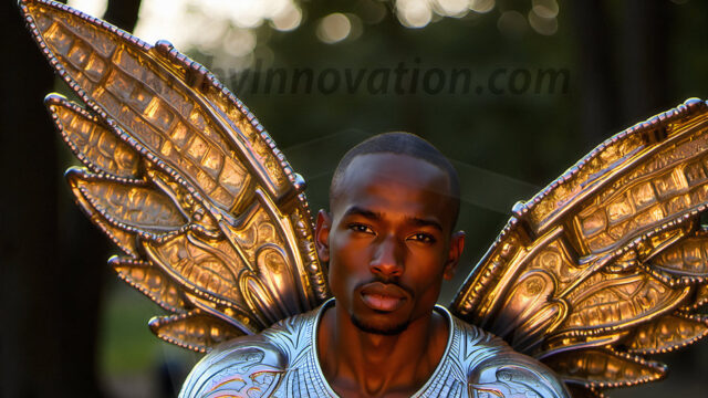 Brought to life through AI, Capturing the Pristine and Elusive Male Fairy. Imagine a realm where handsome shirtless men & boys possess enormous, shimmering crystal wings, vibrant and radiant, capturing and reflecting the light of the environment in a mesmerizing way, and adding a touch of mystery to their intense visage. Outdoors in a fantasy mysterious enchanted realm.