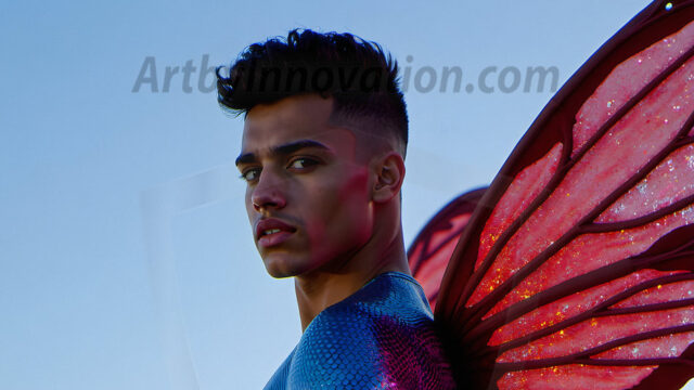 Brought to life through AI, Capturing the Pristine and Elusive Male Fairy. Imagine a realm where handsome shirtless men & boys possess enormous, shimmering crystal wings, vibrant and radiant, capturing and reflecting the light of the environment in a mesmerizing way, and adding a touch of mystery to their intense visage. Outdoors in a fantasy mysterious enchanted realm.