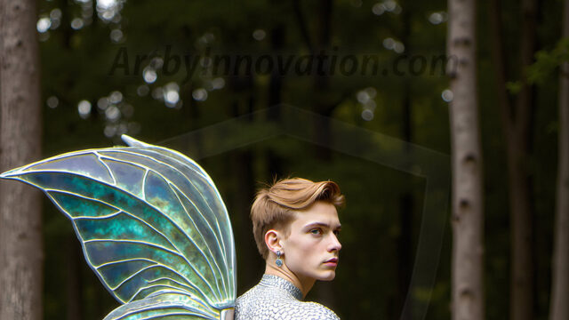Brought to life through AI, Capturing the Pristine and Elusive Male Fairy. Imagine a realm where handsome shirtless men & boys possess enormous, shimmering crystal wings, vibrant and radiant, capturing and reflecting the light of the environment in a mesmerizing way, and adding a touch of mystery to their intense visage. Outdoors in a fantasy mysterious enchanted realm.