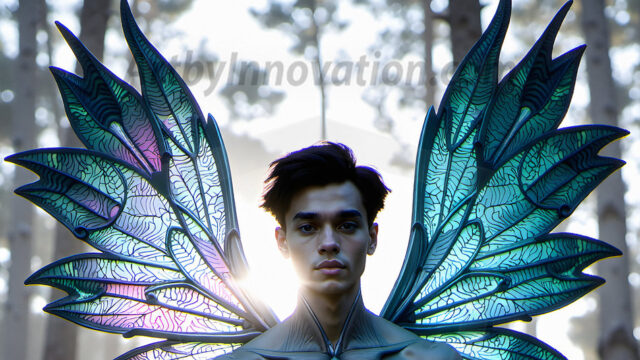 Brought to life through AI, Capturing the Pristine and Elusive Male Fairy. Imagine a realm where handsome shirtless men & boys possess enormous, shimmering crystal wings, vibrant and radiant, capturing and reflecting the light of the environment in a mesmerizing way, and adding a touch of mystery to their intense visage. Outdoors in a fantasy mysterious enchanted realm.