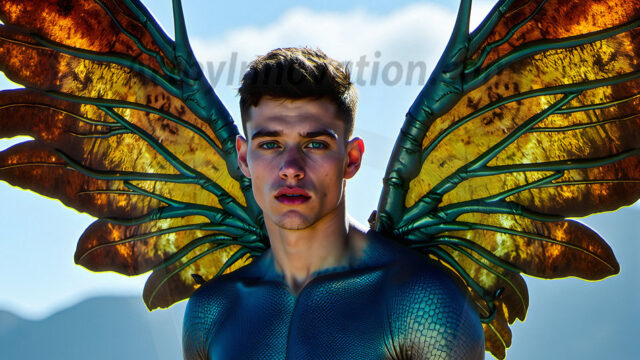 Brought to life through AI, Capturing the Pristine and Elusive Male Fairy. Imagine a realm where handsome shirtless men & boys possess enormous, shimmering crystal wings, vibrant and radiant, capturing and reflecting the light of the environment in a mesmerizing way, and adding a touch of mystery to their intense visage. Outdoors in a fantasy mysterious enchanted realm.