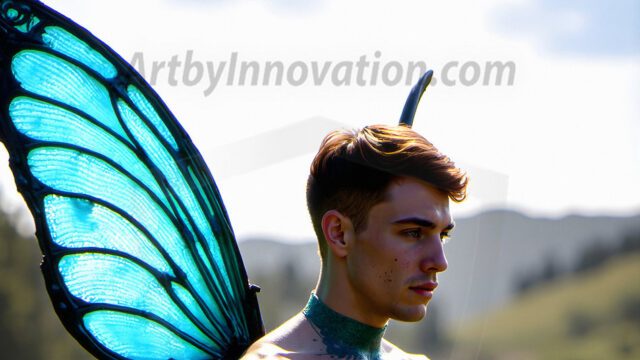 Brought to life through AI, Capturing the Pristine and Elusive Male Fairy. Imagine a realm where handsome shirtless men & boys possess enormous, shimmering crystal wings, vibrant and radiant, capturing and reflecting the light of the environment in a mesmerizing way, and adding a touch of mystery to their intense visage. Outdoors in a fantasy mysterious enchanted realm.