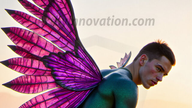 Brought to life through AI, Capturing the Pristine and Elusive Male Fairy. Imagine a realm where handsome shirtless men & boys possess enormous, shimmering crystal wings, vibrant and radiant, capturing and reflecting the light of the environment in a mesmerizing way, and adding a touch of mystery to their intense visage. Outdoors in a fantasy mysterious enchanted realm.