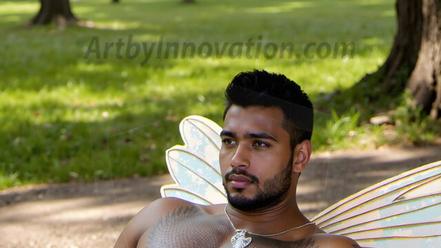 Brought to life through AI, Capturing the Pristine and Elusive Male Fairy. Imagine a realm where handsome shirtless men & boys possess enormous, shimmering crystal wings, vibrant and radiant, capturing and reflecting the light of the environment in a mesmerizing way, and adding a touch of mystery to their intense visage. Outdoors in a fantasy mysterious enchanted realm.
