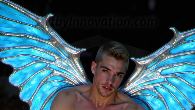 Brought to life through AI, Capturing the Pristine and Elusive Male Fairy. Imagine a realm where handsome shirtless men & boys possess enormous, shimmering crystal wings, vibrant and radiant, capturing and reflecting the light of the environment in a mesmerizing way, and adding a touch of mystery to their intense visage. Outdoors in a fantasy mysterious enchanted realm.