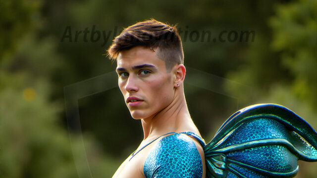 Brought to life through AI, Capturing the Pristine and Elusive Male Fairy. Imagine a realm where handsome shirtless men & boys possess enormous, shimmering crystal wings, vibrant and radiant, capturing and reflecting the light of the environment in a mesmerizing way, and adding a touch of mystery to their intense visage. Outdoors in a fantasy mysterious enchanted realm.