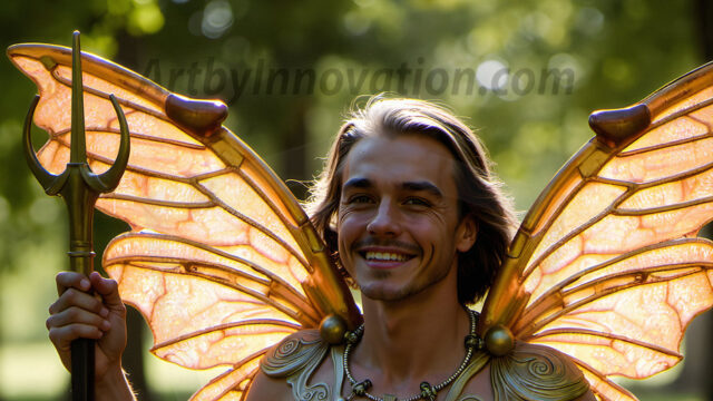 Brought to life through AI, Capturing the Pristine and Elusive Male Fairy. Imagine a realm where handsome shirtless men & boys possess enormous, shimmering crystal wings, vibrant and radiant, capturing and reflecting the light of the environment in a mesmerizing way, and adding a touch of mystery to their intense visage. Outdoors in a fantasy mysterious enchanted realm.