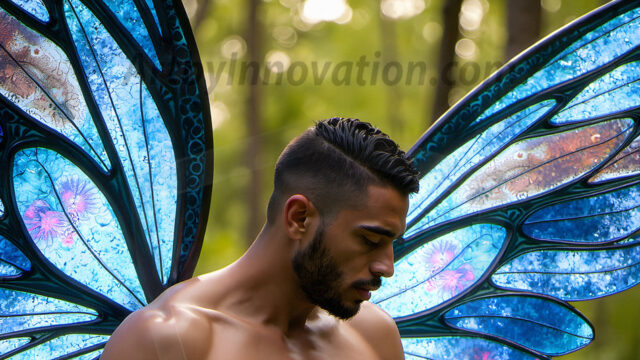 Brought to life through AI, Capturing the Pristine and Elusive Male Fairy. Imagine a realm where handsome shirtless men & boys possess enormous, shimmering crystal wings, vibrant and radiant, capturing and reflecting the light of the environment in a mesmerizing way, and adding a touch of mystery to their intense visage. Outdoors in a fantasy mysterious enchanted realm.