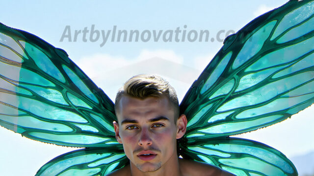 Brought to life through AI, Capturing the Pristine and Elusive Male Fairy. Imagine a realm where handsome shirtless men & boys possess enormous, shimmering crystal wings, vibrant and radiant, capturing and reflecting the light of the environment in a mesmerizing way, and adding a touch of mystery to their intense visage. Outdoors in a fantasy mysterious enchanted realm.