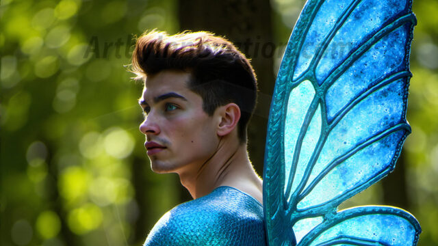 Brought to life through AI, Capturing the Pristine and Elusive Male Fairy. Imagine a realm where handsome shirtless men & boys possess enormous, shimmering crystal wings, vibrant and radiant, capturing and reflecting the light of the environment in a mesmerizing way, and adding a touch of mystery to their intense visage. Outdoors in a fantasy mysterious enchanted realm.