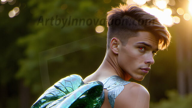 Brought to life through AI, Capturing the Pristine and Elusive Male Fairy. Imagine a realm where handsome shirtless men & boys possess enormous, shimmering crystal wings, vibrant and radiant, capturing and reflecting the light of the environment in a mesmerizing way, and adding a touch of mystery to their intense visage. Outdoors in a fantasy mysterious enchanted realm.
