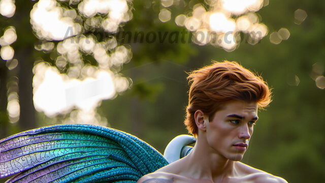 Brought to life through AI, Capturing the Pristine and Elusive Male Fairy. Imagine a realm where handsome shirtless men & boys possess enormous, shimmering crystal wings, vibrant and radiant, capturing and reflecting the light of the environment in a mesmerizing way, and adding a touch of mystery to their intense visage. Outdoors in a fantasy mysterious enchanted realm.