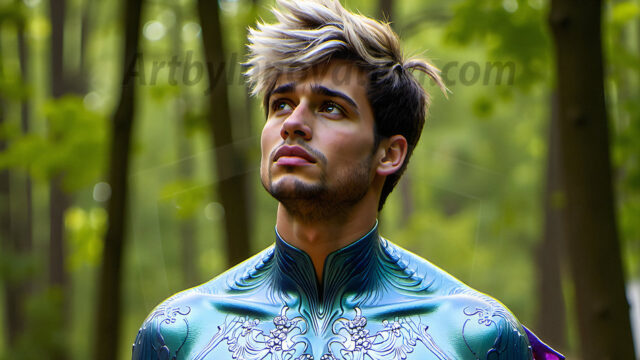 Brought to life through AI, Capturing the Pristine and Elusive Male Fairy. Imagine a realm where handsome shirtless men & boys possess enormous, shimmering crystal wings, vibrant and radiant, capturing and reflecting the light of the environment in a mesmerizing way, and adding a touch of mystery to their intense visage. Outdoors in a fantasy mysterious enchanted realm.