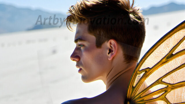 Brought to life through AI, Capturing the Pristine and Elusive Male Fairy. Imagine a realm where handsome shirtless men & boys possess enormous, shimmering crystal wings, vibrant and radiant, capturing and reflecting the light of the environment in a mesmerizing way, and adding a touch of mystery to their intense visage. Outdoors in a fantasy mysterious enchanted realm.