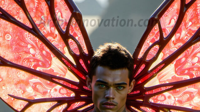 Brought to life through AI, Capturing the Pristine and Elusive Male Fairy. Imagine a realm where handsome shirtless men & boys possess enormous, shimmering crystal wings, vibrant and radiant, capturing and reflecting the light of the environment in a mesmerizing way, and adding a touch of mystery to their intense visage. Outdoors in a fantasy mysterious enchanted realm.