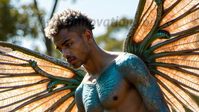 Brought to life through AI, Capturing the Pristine and Elusive Male Fairy. Imagine a realm where handsome shirtless men & boys possess enormous, shimmering crystal wings, vibrant and radiant, capturing and reflecting the light of the environment in a mesmerizing way, and adding a touch of mystery to their intense visage. Outdoors in a fantasy mysterious enchanted realm.