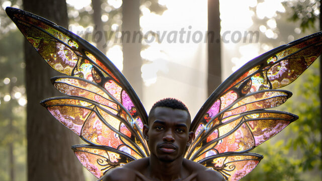 Brought to life through AI, Capturing the Pristine and Elusive Male Fairy. Imagine a realm where handsome shirtless men & boys possess enormous, shimmering crystal wings, vibrant and radiant, capturing and reflecting the light of the environment in a mesmerizing way, and adding a touch of mystery to their intense visage. Outdoors in a fantasy mysterious enchanted realm.