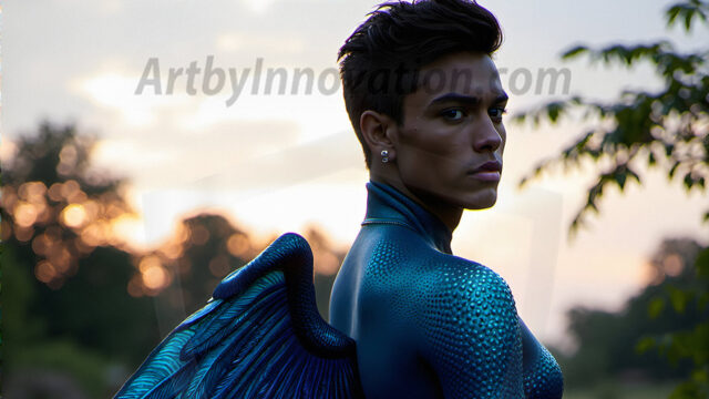 Brought to life through AI, Capturing the Pristine and Elusive Male Fairy. Imagine a realm where handsome shirtless men & boys possess enormous, shimmering crystal wings, vibrant and radiant, capturing and reflecting the light of the environment in a mesmerizing way, and adding a touch of mystery to their intense visage. Outdoors in a fantasy mysterious enchanted realm.