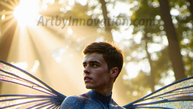 Brought to life through AI, Capturing the Pristine and Elusive Male Fairy. Imagine a realm where handsome shirtless men & boys possess enormous, shimmering crystal wings, vibrant and radiant, capturing and reflecting the light of the environment in a mesmerizing way, and adding a touch of mystery to their intense visage. Outdoors in a fantasy mysterious enchanted realm.