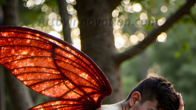 Brought to life through AI, Capturing the Pristine and Elusive Male Fairy. Imagine a realm where handsome shirtless men & boys possess enormous, shimmering crystal wings, vibrant and radiant, capturing and reflecting the light of the environment in a mesmerizing way, and adding a touch of mystery to their intense visage. Outdoors in a fantasy mysterious enchanted realm.