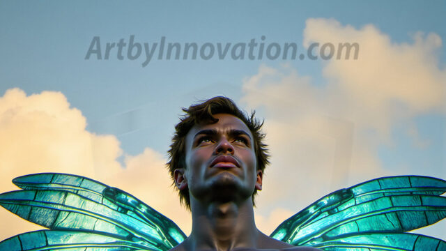 Brought to life through AI, Capturing the Pristine and Elusive Male Fairy. Imagine a realm where handsome shirtless men & boys possess enormous, shimmering crystal wings, vibrant and radiant, capturing and reflecting the light of the environment in a mesmerizing way, and adding a touch of mystery to their intense visage. Outdoors in a fantasy mysterious enchanted realm.